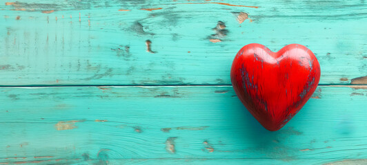 Red Heart on Turquoise Wooden Planks - Romantic Concept
