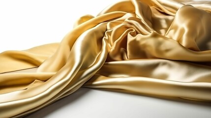 Luxurious golden silk fabric with an incredibly soft and smooth texture against a white background - obrazy, fototapety, plakaty