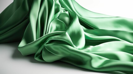 Luxurious green silk fabric with an incredibly soft and smooth texture against a white background - obrazy, fototapety, plakaty