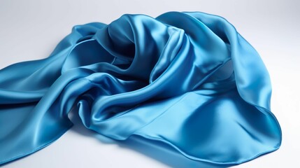 Luxurious blue silk fabric with an incredibly soft and smooth texture against a white background