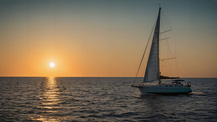 sailboat in the ocean at sunset with sun setting