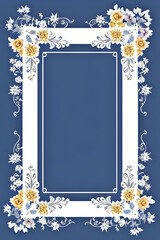 playing card / tarot card reverse side art, card back pattern or stationery / card design - elegant slate blue and white border frame with flowers and tendrils and vines