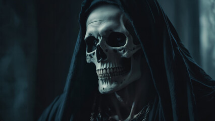  skeleton in a black robe with a hood and a skull