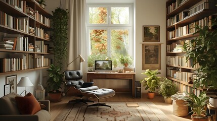 A warm and inviting home office space surrounded by towering bookshelves, potted greenery, and a view of autumn foliage through the window.