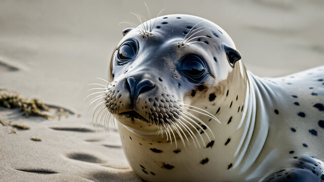 eal laying on the sand with its eyes open, photography portrait
