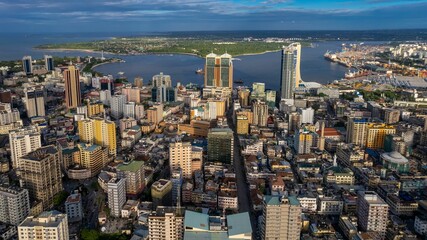 View of Dar es Salaam, Tanzania, showing a vibrant cityscape with tall buildings