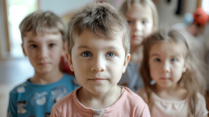 Several kids looking at the camera with a light smile. current situation is unfortunate, but the concept of hope that it will go well in the future. generative AI