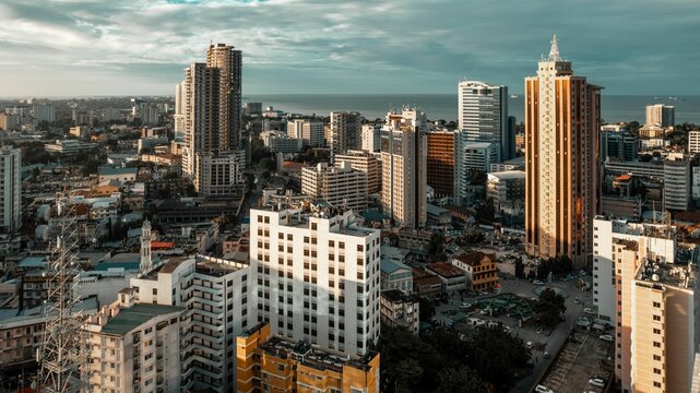 View of Dar es Salaam, Tanzania, showing a vibrant cityscape with tall buildings