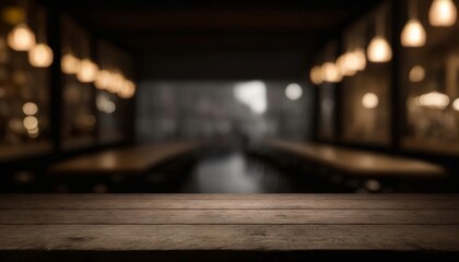 Empty wooden table in front of blurred bokeh background of restaurant. For display or montage products