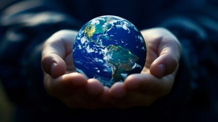 Fototapeta premium A pair of gentle hands tenderly hold a tiny Earth, its vibrant blue hues reflecting the fragility and beauty of our planet.Generated by ai