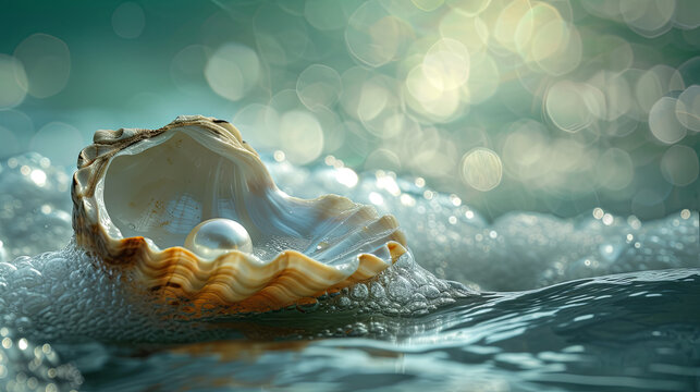 Beautiful pearl in a shell on the ocean shore with bokeh background