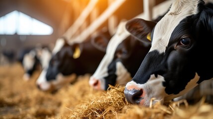 Close up of the head of a dairy cow eating hay in a dairy barn on a dairy farm.generative ai - obrazy, fototapety, plakaty