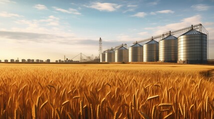 Wheat field in front of grain storage silos.generative ai - obrazy, fototapety, plakaty