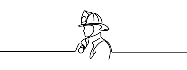 One continuous line. Male character professional firefighter in helmet uniform. One continuous drawing line logo isolated minimal illustration.