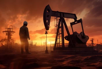 Fotobehang Silhouette of a petroleum engineer skillfully inspecting the oil pump at sunset, showcasing expertise in industrial operations and artistry against the evening sky. © FutureStock