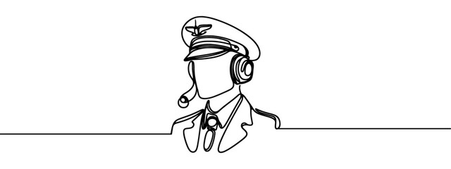 Fototapeta premium Single continuous line drawing of young male pilot posing cross his arm on chest before flight. Professional work job occupation. Minimalism concept one line draw graphic design vector illustration