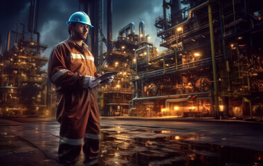 Handsome male Refinery worker with tablet analyzing and adjusting the oil pump operations to ensure optimal performance and efficiency in the evening with refinery in the background.