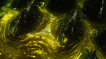 Macro view of luminous, organic texture with dark spikes.