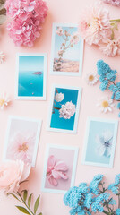 Aesthetic flat lay for social media. Pastel pink and light blue colours. Flowers theme collage. Generative AI