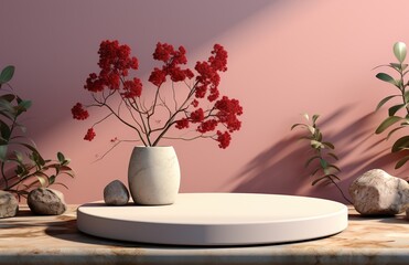 Interior of a room with podium, pink wall, vase and plant. Created with Ai