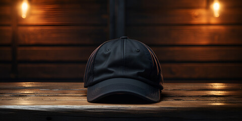  Timeless style a black baseball cap lies casually on the tables surface. - obrazy, fototapety, plakaty