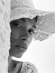 Elegant Black Woman in Black Sun Hat in Monochrome