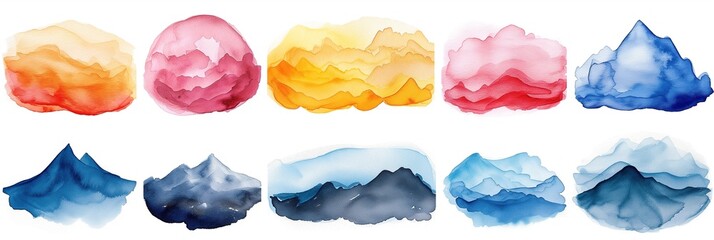 Watercolor stains and shapes that resemble abstract images of mountains and clouds. Various colors and shades of various landscapes and celestial scenes