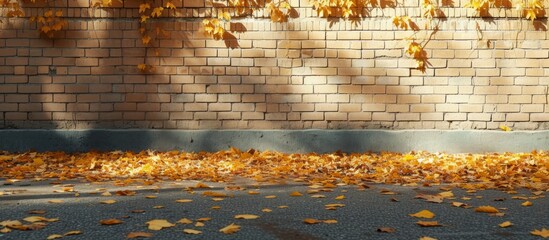 Autumn city street with an empty brick wall, yellow leaves, asphalt, and sunlight.