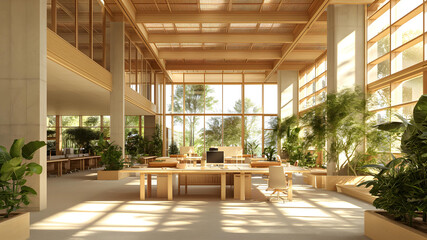 Spacious eco-friendly office interior featuring large windows, abundant natural light, and indoor greenery for a productive work environment.