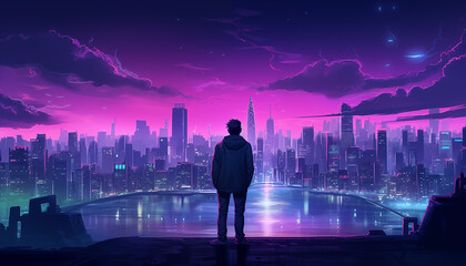 Fototapeta na wymiar Beautiful synthwave male, boy in a nice looking clothes in a synthwave world, retrowave neon city. AI Generative.