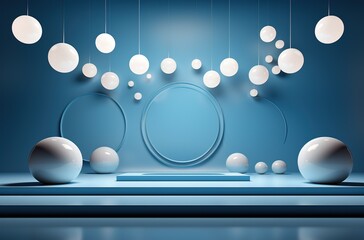 Interior of a room with blue walls, balls and podium. Created with Ai