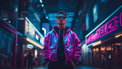 Beautiful synthwave male, boy in a nice looking clothes in a synthwave world, retrowave neon city. AI Generative.