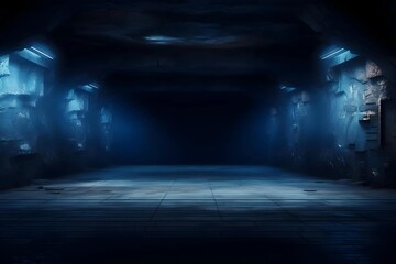 Empty underground background with blue lighting with space for text or product