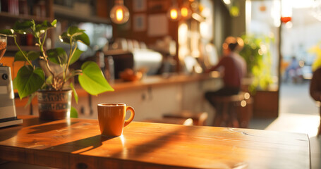 Cozy Café Interior A small café with soft lighting, bright walls, wooden tables