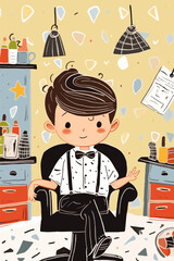 Young happy boy, wearing formal clothes, got a haircut in a barbershop. Stylish kid client sitting in a chair in a hair salon