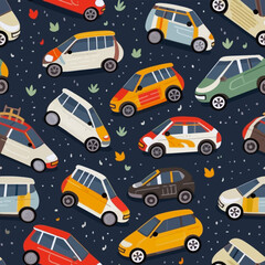 Fun car seamless pattern. Funny background with lots of little cartoon automobiles in the traffic