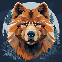 A Chow Chow dog illustration in the low poly style. A purebred dog hiding in the forest foliage. A close-up portrait of a brown pet animal in the woods
