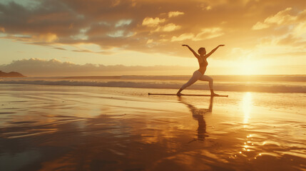 Sunrise Serenity: Woman Practicing Yoga on Tranquil Beach, Harmonious Balance and Wellness Lifestyle, Golden Hour Meditation, Silhouette Against Rising Sun