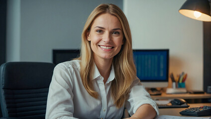 beautiful happy smiling woman accountant working at her desk looking at the camera