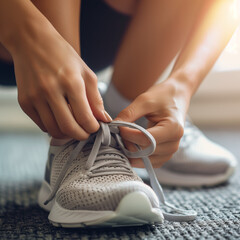 Starting a Healthy Lifestyle: Close-up of Woman's Hands Tying Laces of Sporty Sneakers Before Workout, Fitness and Exercise Motivation, Ready for Jogging
