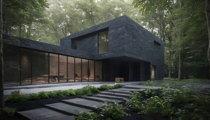 black stone house in the woods with landscaping