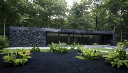 black stone house in the woods with landscaping - Powered by Adobe