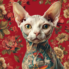 An artistic portrayal of a Sphynx cat with floral tattoos over its head and body set against a deep red background.