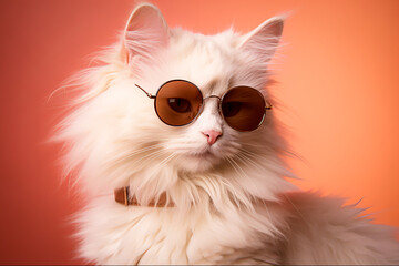 White Fluffy Cat Sporting Sunglasses, Perfect Summer Companion, Generative Ai