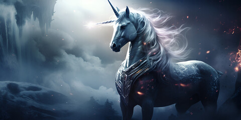 Unicorn magical full colors so many magic horse from fairy tale Illustration Resembling bleu background.