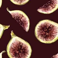 Juicy ripe slices of cut green purple fig fruit seamless pattern. Food, plant clipart for fabric, label, wallpaper, packaging textile. Hand drawn watercolor illustration. Isolated on dark background