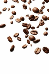 Obraz premium Dynamic Scatter of Coffee Beans in Mid-Air with Pure White Backdrop - High Resolution Image