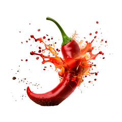 Hot red chili pepper splash explosion on transparent background