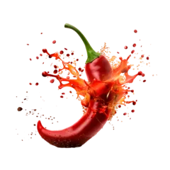Gordijnen Hot red chili pepper splash explosion on transparent background © Oksana