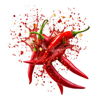 Hot red chili pepper splash explosion on transparent background